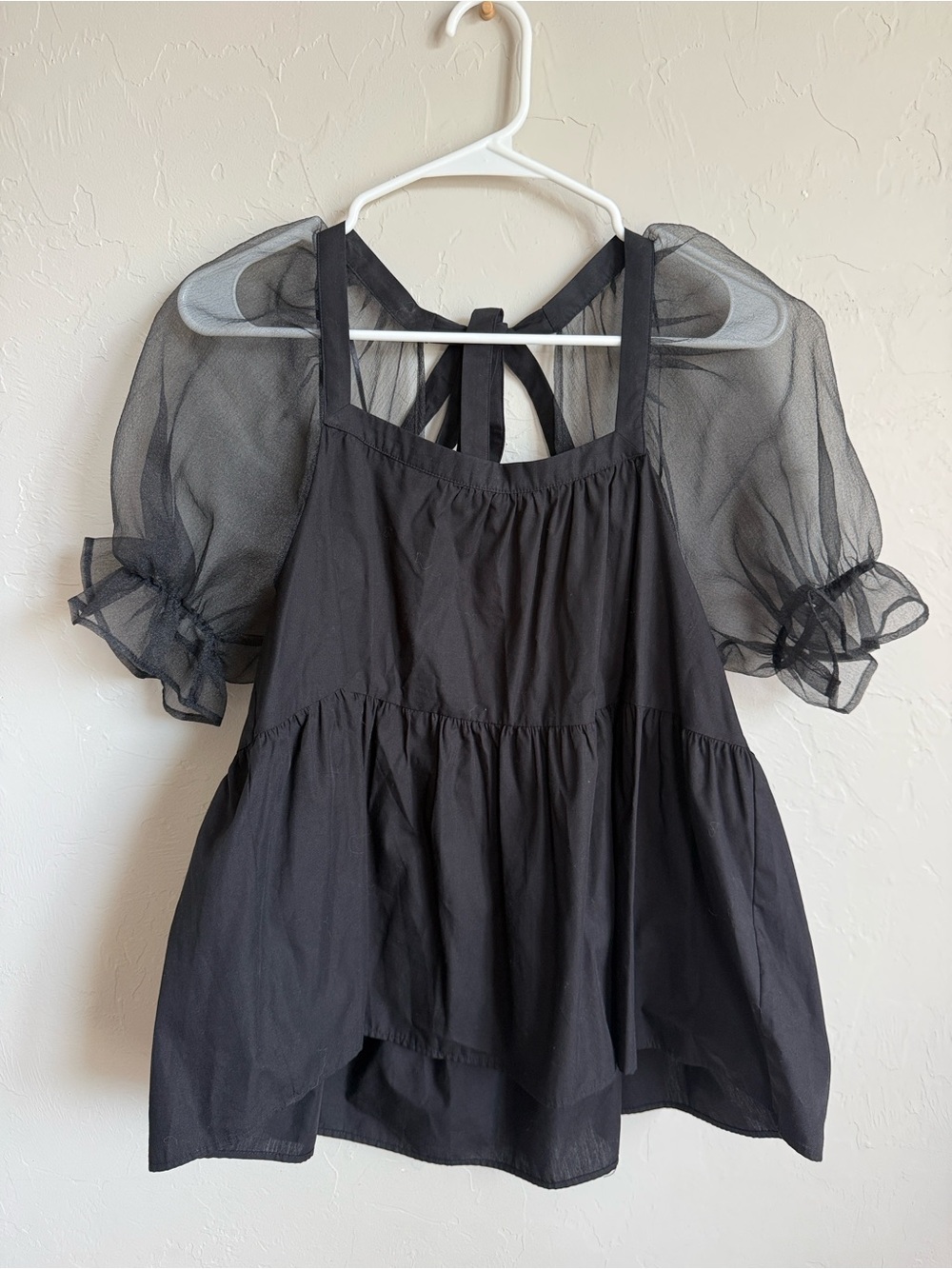Black cotton blouse with sheer puff sleeves TopShop